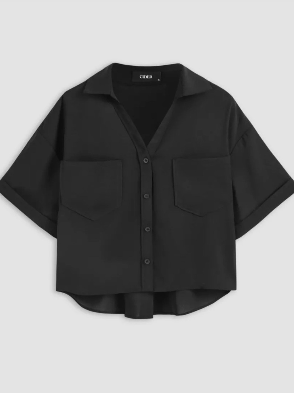 Cider Oversized, V-Neck, Short Sleeve, Button Down Blouse, Cuffed Sleeves, Crop